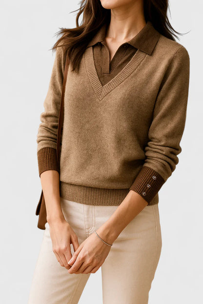 Jovi Elegant Italian Style V Neck Sweater With Contrast Cuff Details by Selouva