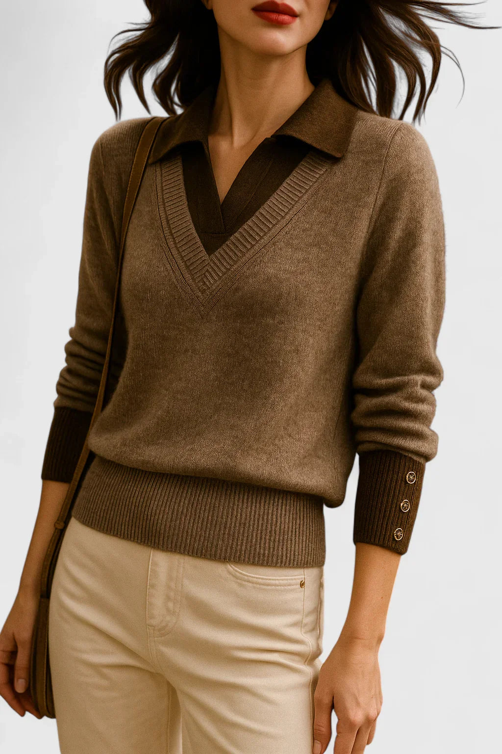 Jovi Elegant Italian Style V Neck Sweater With Contrast Cuff Details by Selouva
