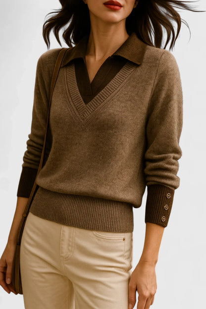 Jovi Elegant Italian Style V Neck Sweater With Contrast Cuff Details by Selouva