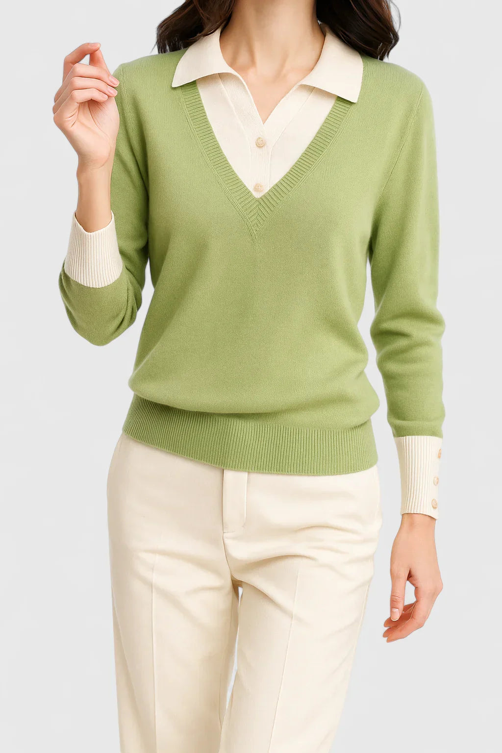 Jovi Elegant Italian Style V Neck Sweater With Contrast Cuff Details by Selouva