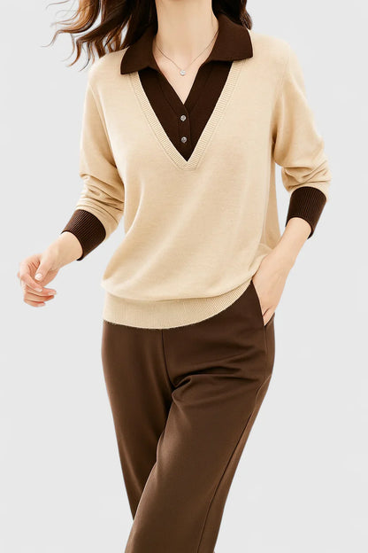 Jovi Elegant Italian Style V Neck Sweater With Contrast Cuff Details by Selouva