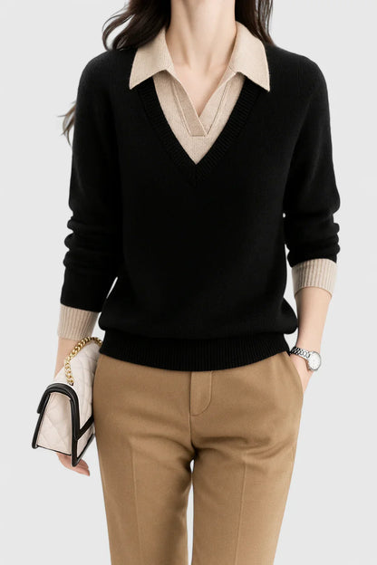 Jovi Elegant Italian Style V Neck Sweater With Contrast Cuff Details by Selouva