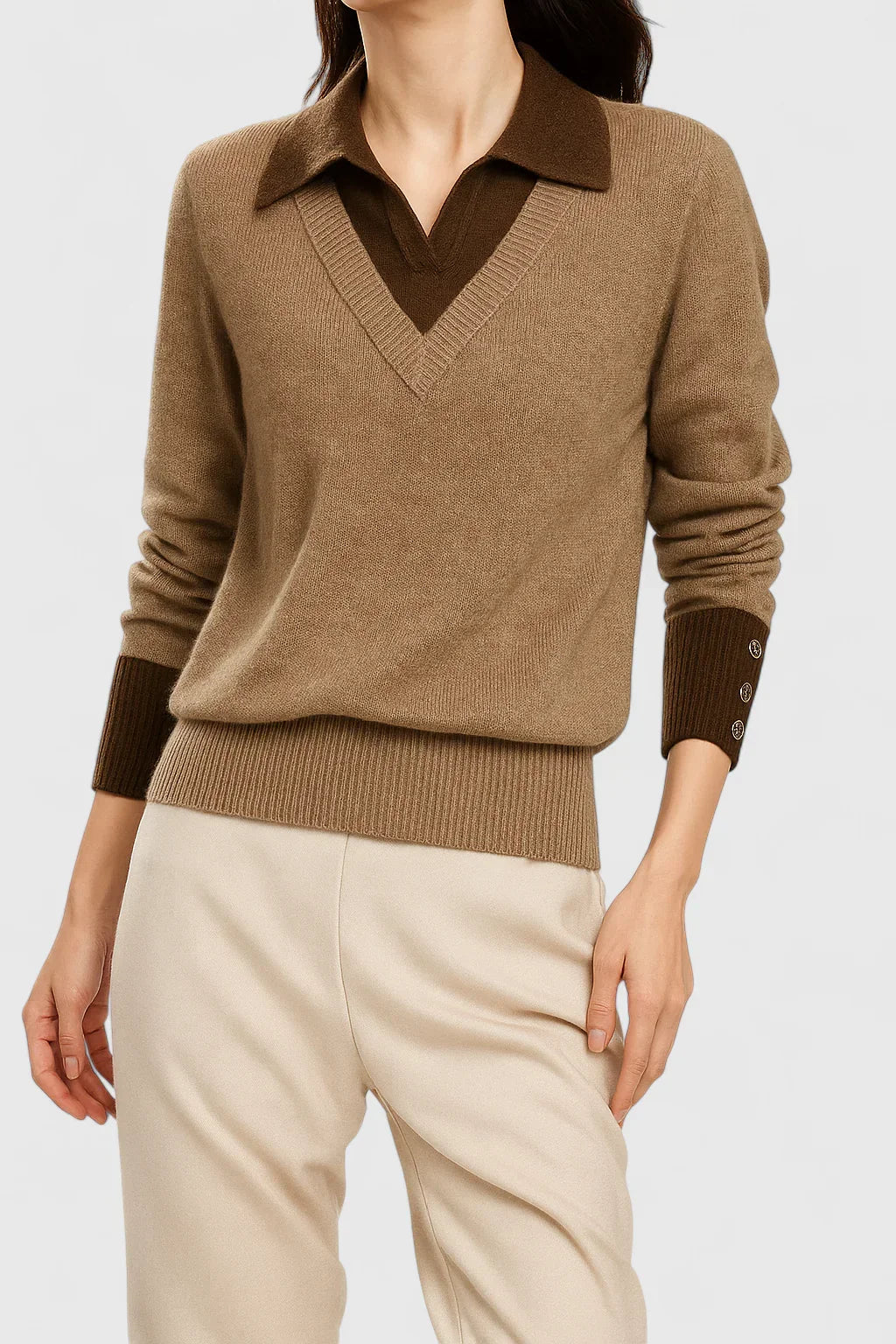 Jovi Elegant Italian Style V Neck Sweater With Contrast Cuff Details by Selouva