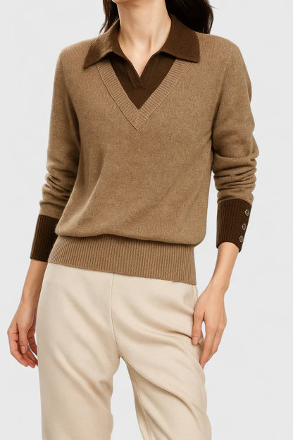 Jovi Elegant Italian Style V Neck Sweater With Contrast Cuff Details by Selouva