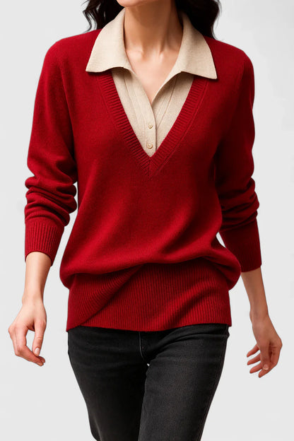 Jovi Elegant Italian Style V Neck Sweater With Contrast Cuff Details by Selouva