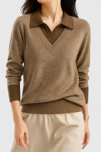 Jovi Elegant Italian Style V Neck Sweater With Contrast Cuff Details by Selouva