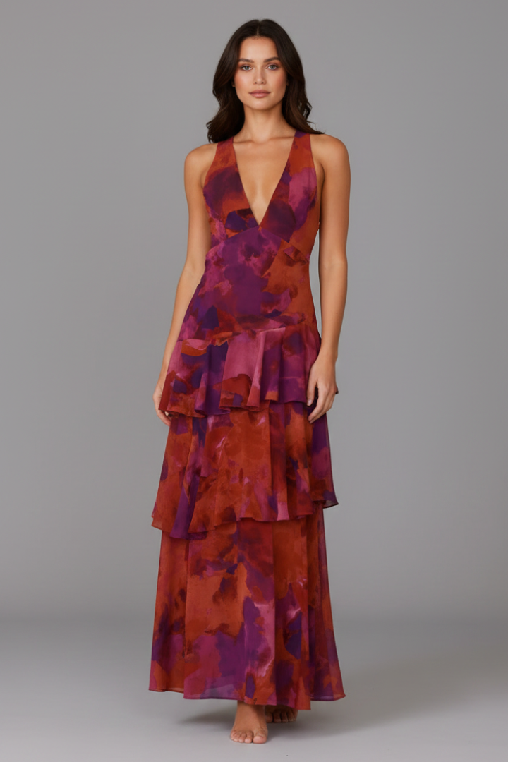 Gabriella | Women’s V-Neck Tiered Skirt Maxi Dress by Selouva
