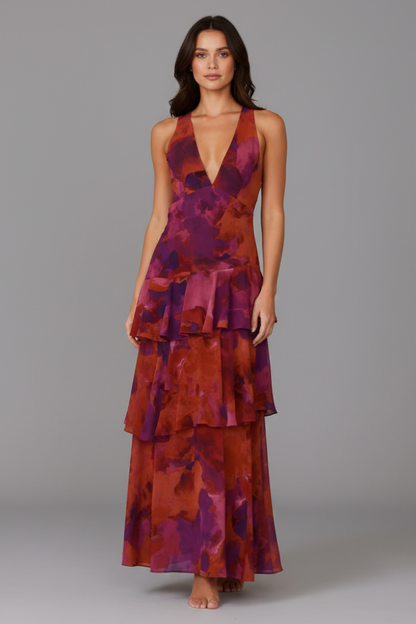 Gabriella | Women’s V-Neck Tiered Skirt Maxi Dress by Selouva