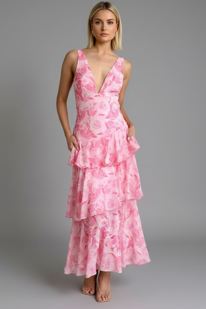 Gabriella | Women’s V-Neck Tiered Skirt Maxi Dress by Selouva