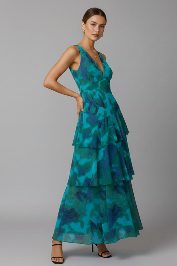 Gabriella | Women’s V-Neck Tiered Skirt Maxi Dress by Selouva
