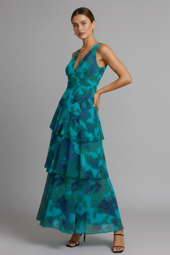 Gabriella | Women’s V-Neck Tiered Skirt Maxi Dress by Selouva