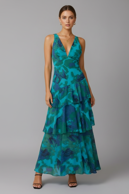 Gabriella | Women’s V-Neck Tiered Skirt Maxi Dress by Selouva