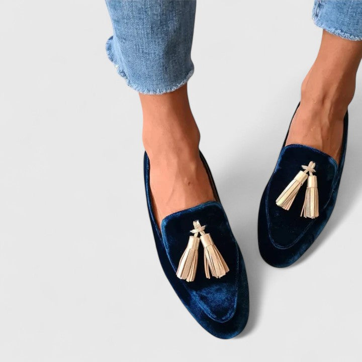 Alessyra Velvet Tassels Loafers Navy Blue Slip On Comfort Shoes by Selouva