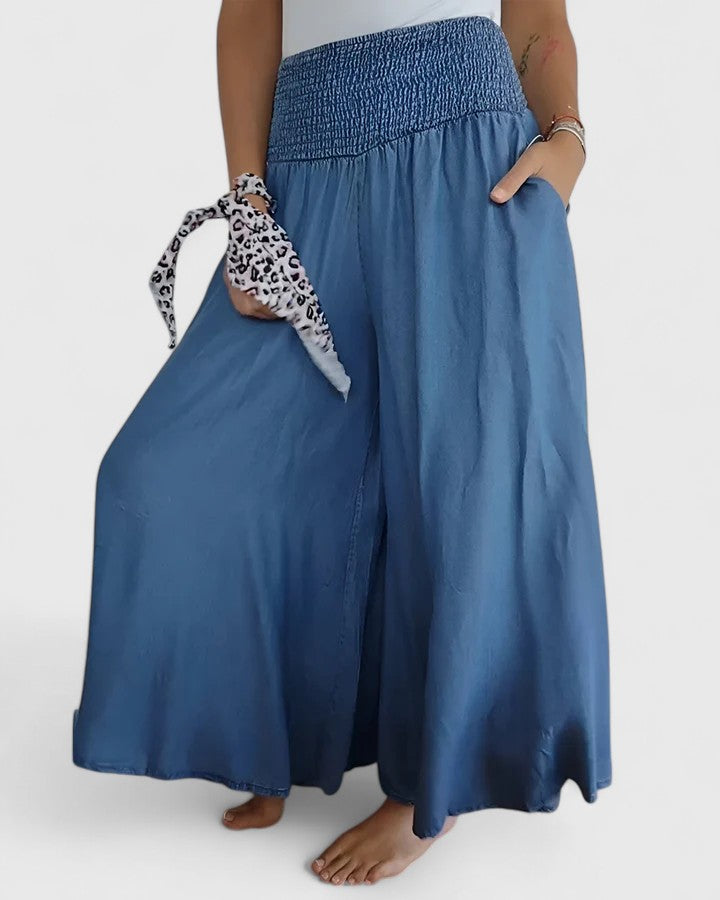 Elona Comfortable Wide Leg Pants With Stretch Waistband For Women by Selouva