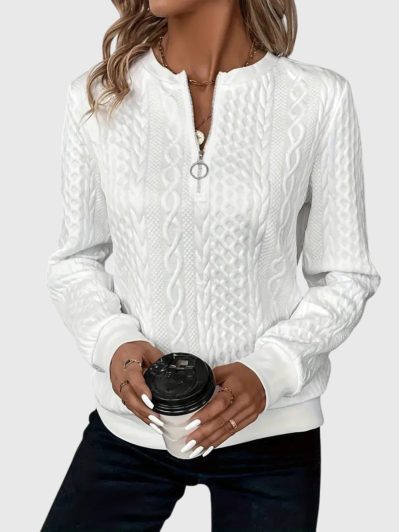 Nora Zip Front Quilted Cable Knit Sweater With Zipper Detail by Selouva