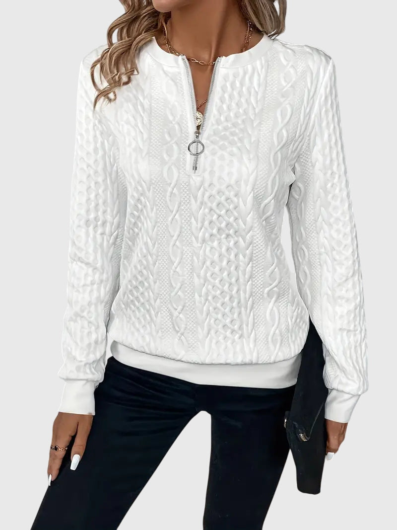 Nora Zip Front Quilted Cable Knit Sweater With Zipper Detail by Selouva