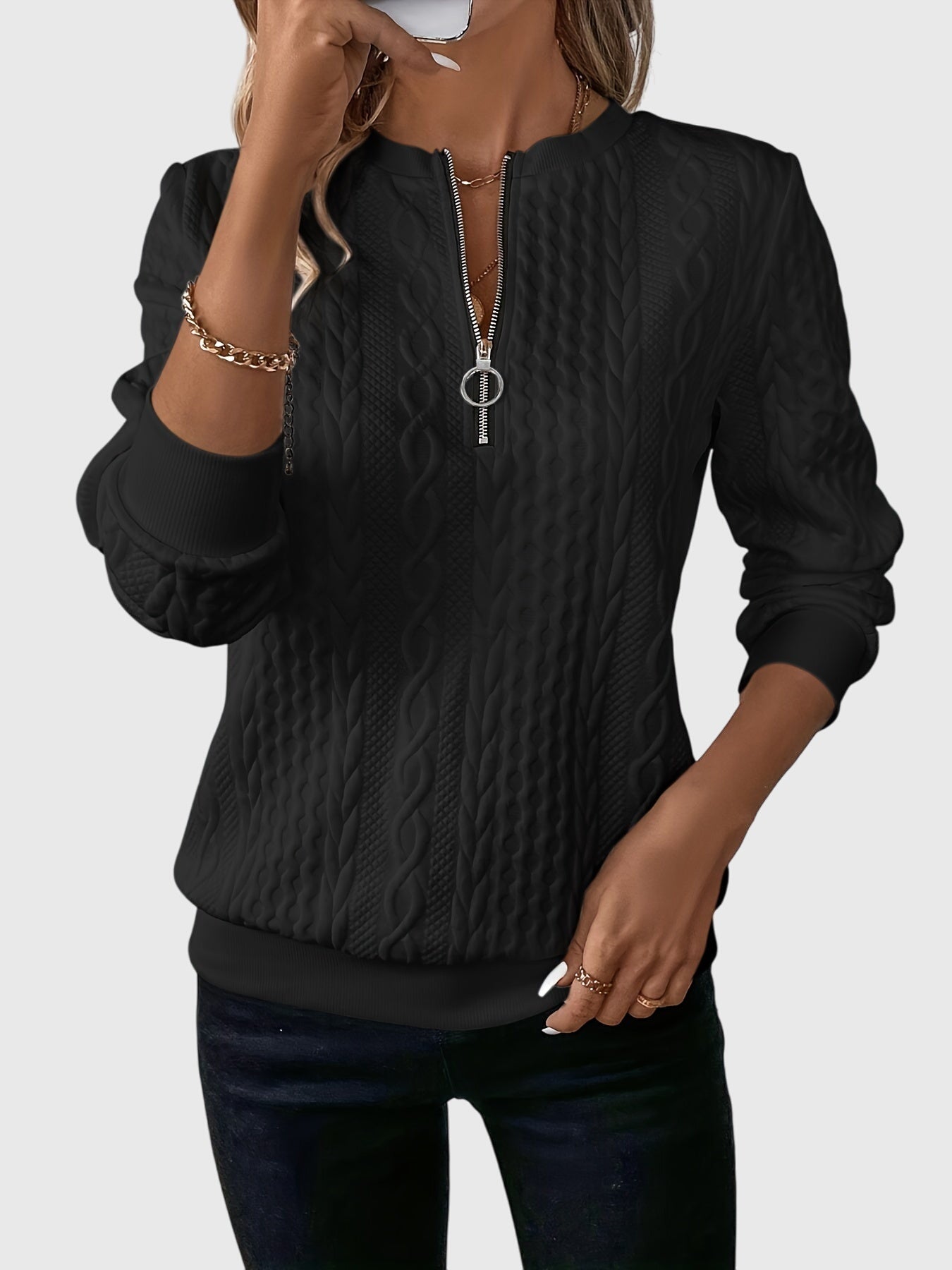Nora Zip Front Quilted Cable Knit Sweater With Zipper Detail by Selouva