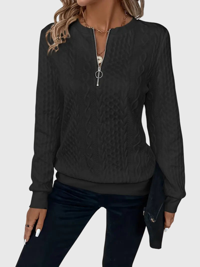 Nora Zip Front Quilted Cable Knit Sweater With Zipper Detail by Selouva