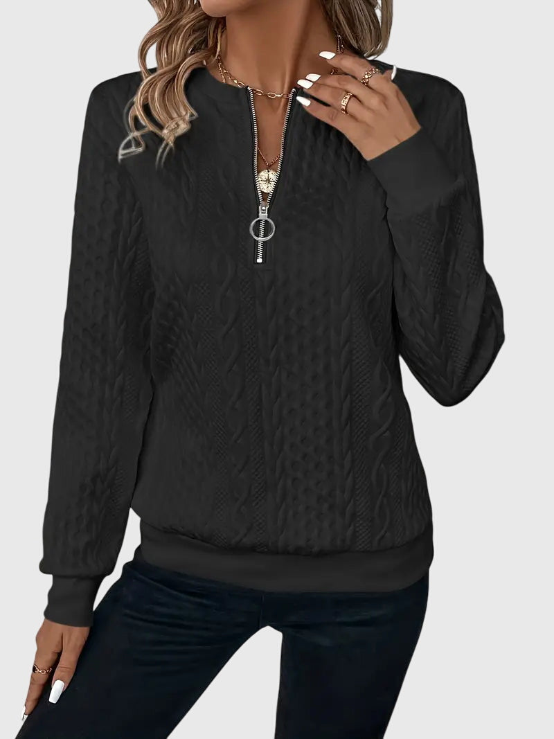 Nora Zip Front Quilted Cable Knit Sweater With Zipper Detail by Selouva