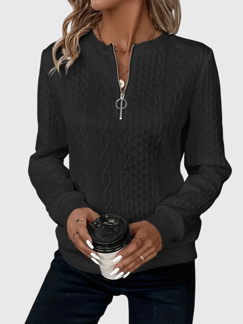 Nora Zip Front Quilted Cable Knit Sweater With Zipper Detail by Selouva