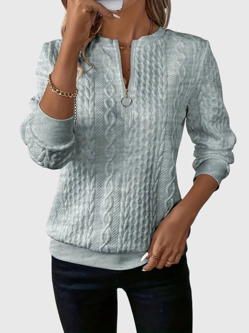 Nora Zip Front Quilted Cable Knit Sweater With Zipper Detail by Selouva