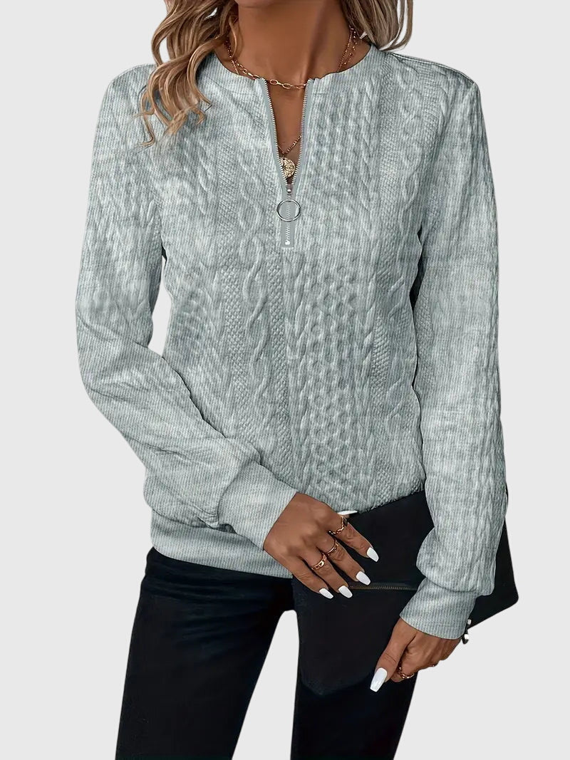 Nora Zip Front Quilted Cable Knit Sweater With Zipper Detail by Selouva