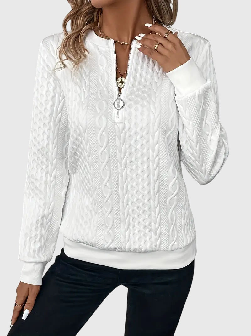 Nora Zip Front Quilted Cable Knit Sweater With Zipper Detail by Selouva