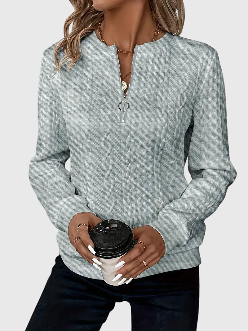 Nora Zip Front Quilted Cable Knit Sweater With Zipper Detail by Selouva