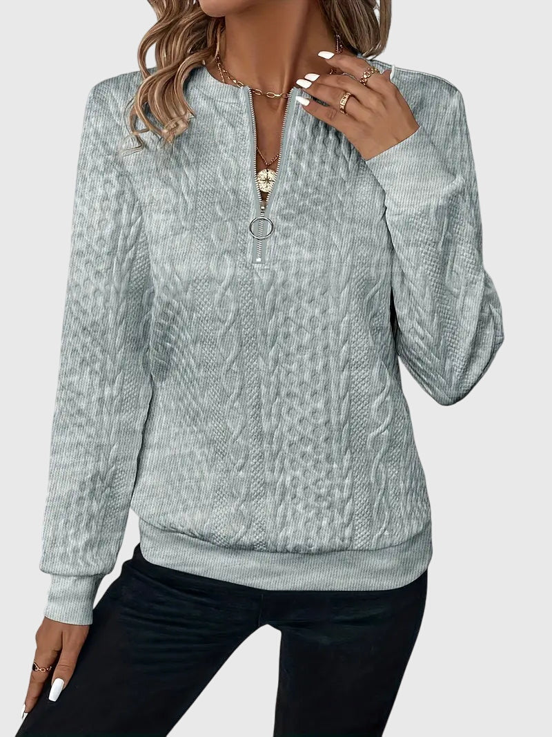 Nora Zip Front Quilted Cable Knit Sweater With Zipper Detail by Selouva