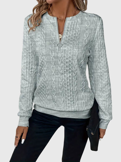 Nora Zip Front Quilted Cable Knit Sweater With Zipper Detail by Selouva