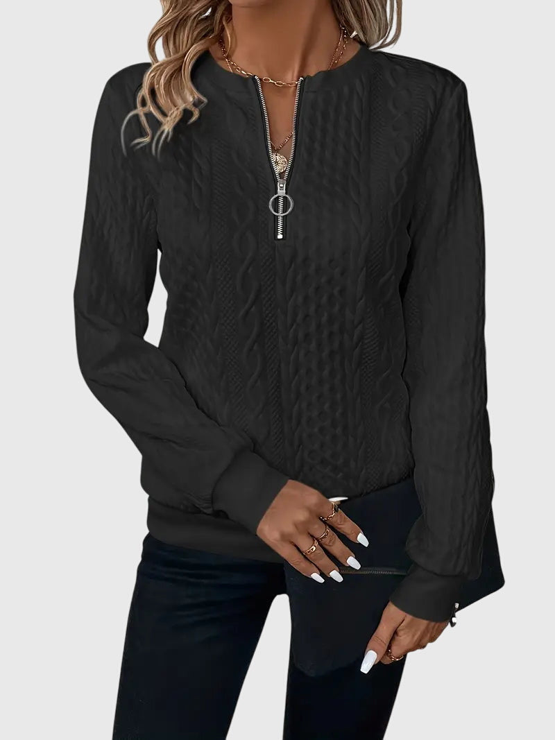 Nora Zip Front Quilted Cable Knit Sweater With Zipper Detail by Selouva