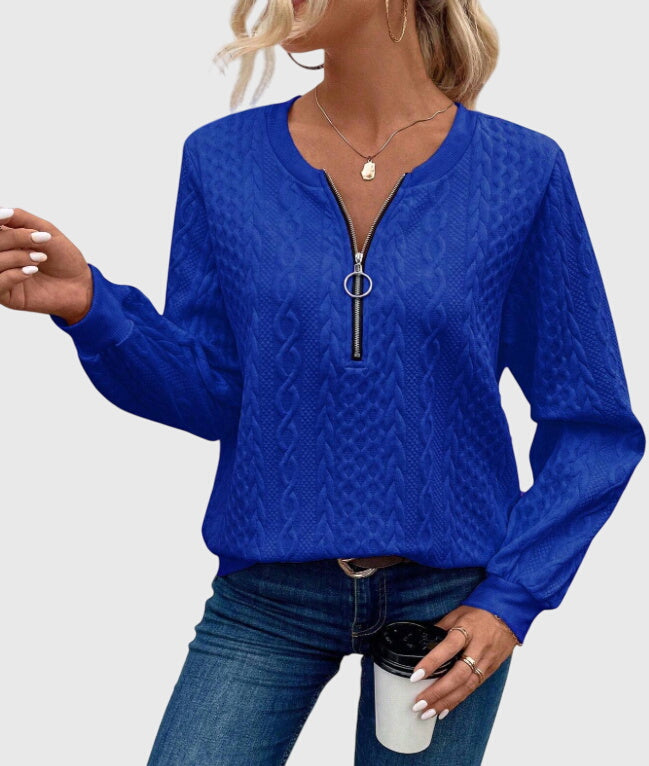 Nora Zip Front Quilted Cable Knit Sweater With Zipper Detail by Selouva