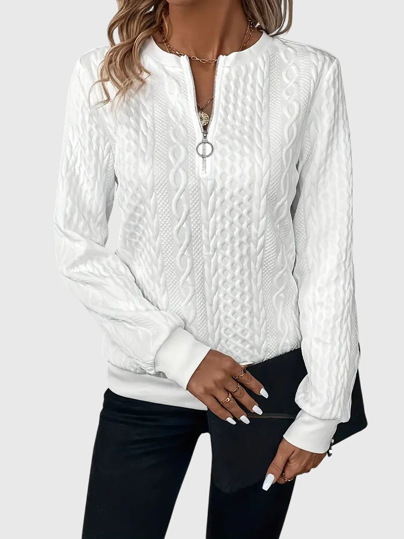 Nora Zip Front Quilted Cable Knit Sweater With Zipper Detail by Selouva