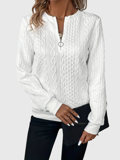 Nora Zip Front Quilted Cable Knit Sweater With Zipper Detail by Selouva
