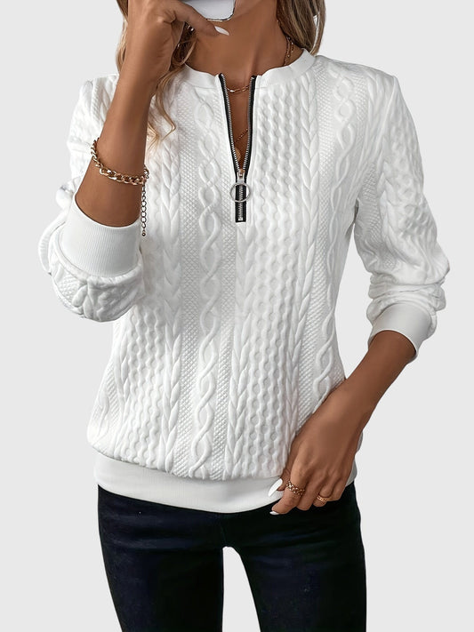 Nora Zip Front Quilted Cable Knit Sweater With Zipper Detail by Selouva